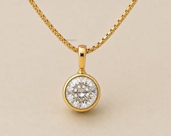 2CT Round Cut Lab Grown Diamond Pendant Necklace, Minimalist Gold Bezel Set Solitaire Pendant, Dainty Diamond Jewelry for Women