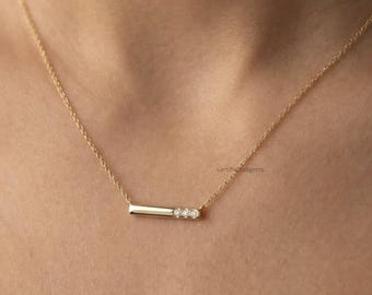 Minimalist Three Stone Diamond Bar Pendant Necklace, Yellow Gold Necklace, Dainty Gold Pendant, Moissanite Diamond Jewelry, Gift for Her