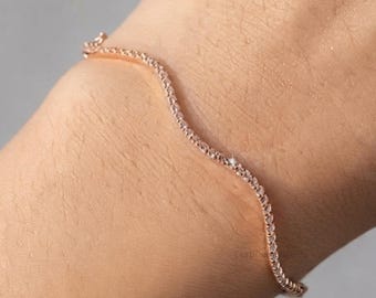 14K Rose Gold Wavy Diamond Tennis Bracelet, Curved Zigzag Line Bracelet Dainty Fine Jewelry, Elegant Everyday Bracelet Gift for Her