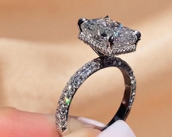 3CT Radiant Cut Moissanite Hidden Halo Engagement Ring, 14K Solid Yellow Gold Pave Band, Wedding, Proposal, Anniversary Gift for Women