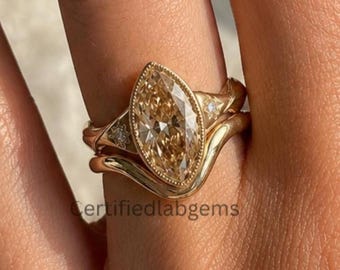 2CT Champagne Marquise Cut Moissanite Wedding Ring Set, 10k Solid Yellow Gold Engagement Ring Set, Unique Vintage Matching Ring Set For Her