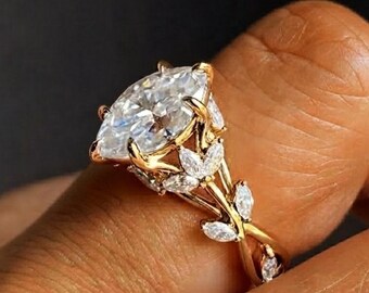 2Ct Marquise Cut Moissanite Engagement Ring, Nature Inspired Leaf Vine Ring, Solid Yellow Gold Bridal Ring, Promise Ring, Anniversary Gift