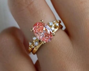 3CT Fancy Pink Yellow Oval Cut Lab-Grown Engagement Ring Set, Solid Yellow Gold Bridal Ring Set, Certified Lab Diamond Matching Ring Set