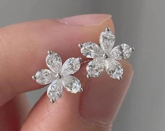 Diamond Flower Pear Stud Earrings, White Gold Small Hoop Earrings, Moissanite Jewelry, Elegant Everyday Gift for Her, 14k Wedding Earrings