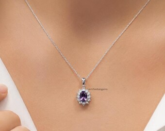 1CT Oval Cut Diamond Gold Pendant Necklace, Purple Crystal Amethyst Necklace by Certifiedlabgems, CZ Jewelry, Anniversary Birthday Gifts