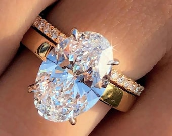 3CT Oval Cut Moissanite Engagement Ring Set, 10k Solid Yellow Gold Wedding Ring Set, Diamond bridal anniversary Set, Perfect Gift for Her.