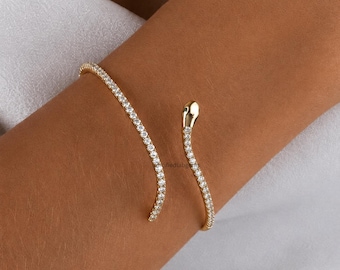 10K Gold Plated Serpent Cuff Bracelet, Pavé Moissanite Snake Bracelet for Women, Dainty Statement Jewelry, Gift for Her, Elegant Wrap Bangle