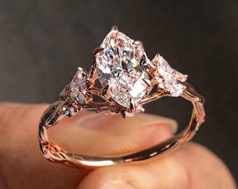 2CT Marquise Cut Moissanite Engagement Ring Nature Inspired Leaf Vine Solid Gold Bridal Ring, Promise & Anniversary Gift Unique Wedding Ring