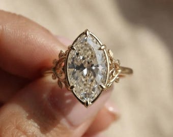 3CT Marquise Cut Moissanite Engagement Ring, Vintage Leaf Vine Gold Ring, Unique Floral Bridal Ring, Cluster Branch Wedding Ring For Her