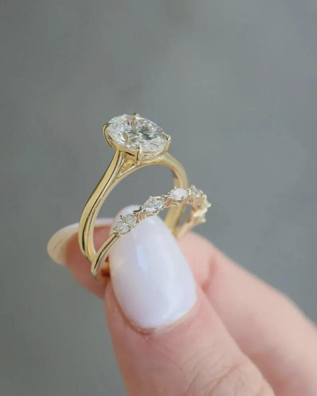 3CT Oval Cut Moissanite Bridal Ring Set, 14K Solid Yellow Gold Wedding ...