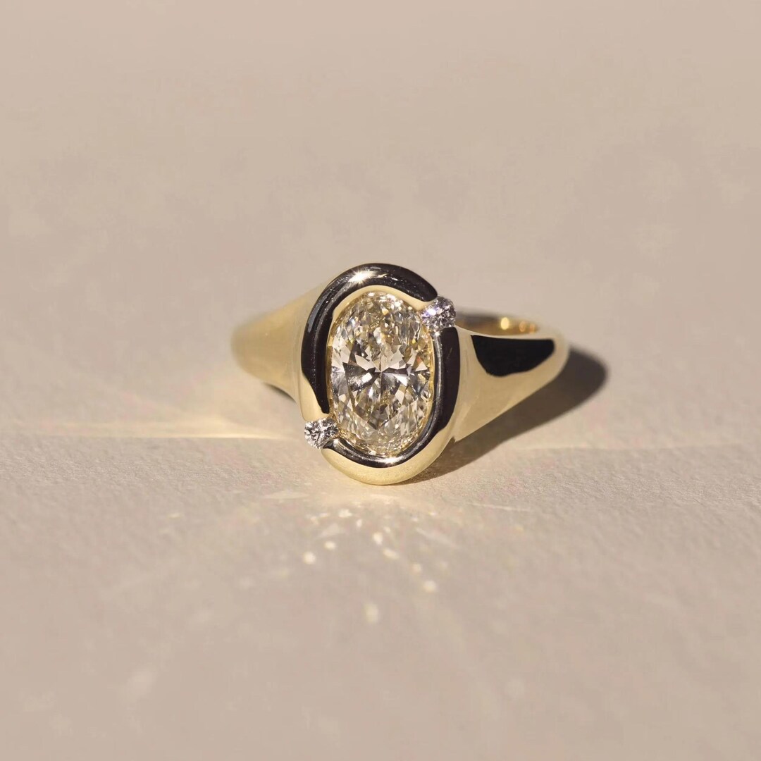 2CT Oval Cut Moissanite Bezel Set Engagement Ring, 14K Solid Yellow ...