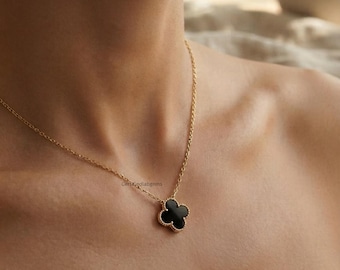 Elegant Mother of Black Pearl Clover Pendant Necklace 14K Gold Dainty Lucky Clover Necklace, Everyday Necklace Jewelry Gift for Women