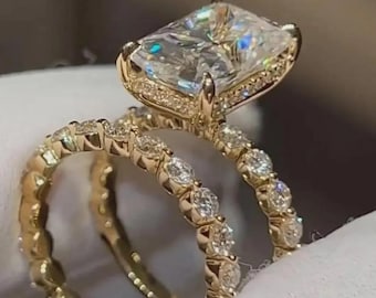 3CT Radiant Cut Moissanite Engagement Ring Set, Handmade Bridal Jewelry in Solid Yellow Gold, Matching Wedding Ring Set, Dimaond Ring