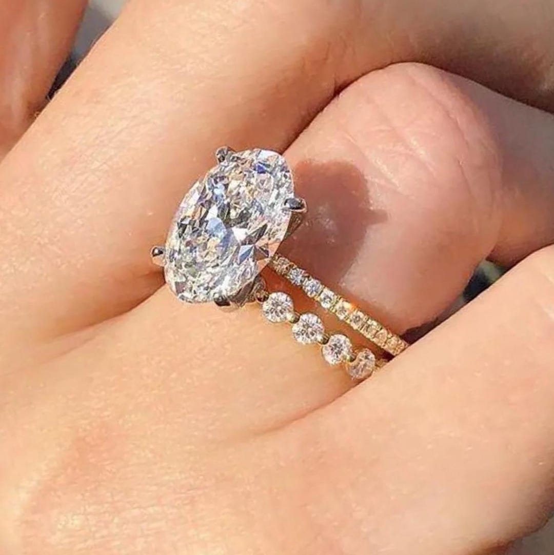 3CT Oval Cut Moissanite Bridal Ring Set, 14K Solid Yellow Gold Round ...
