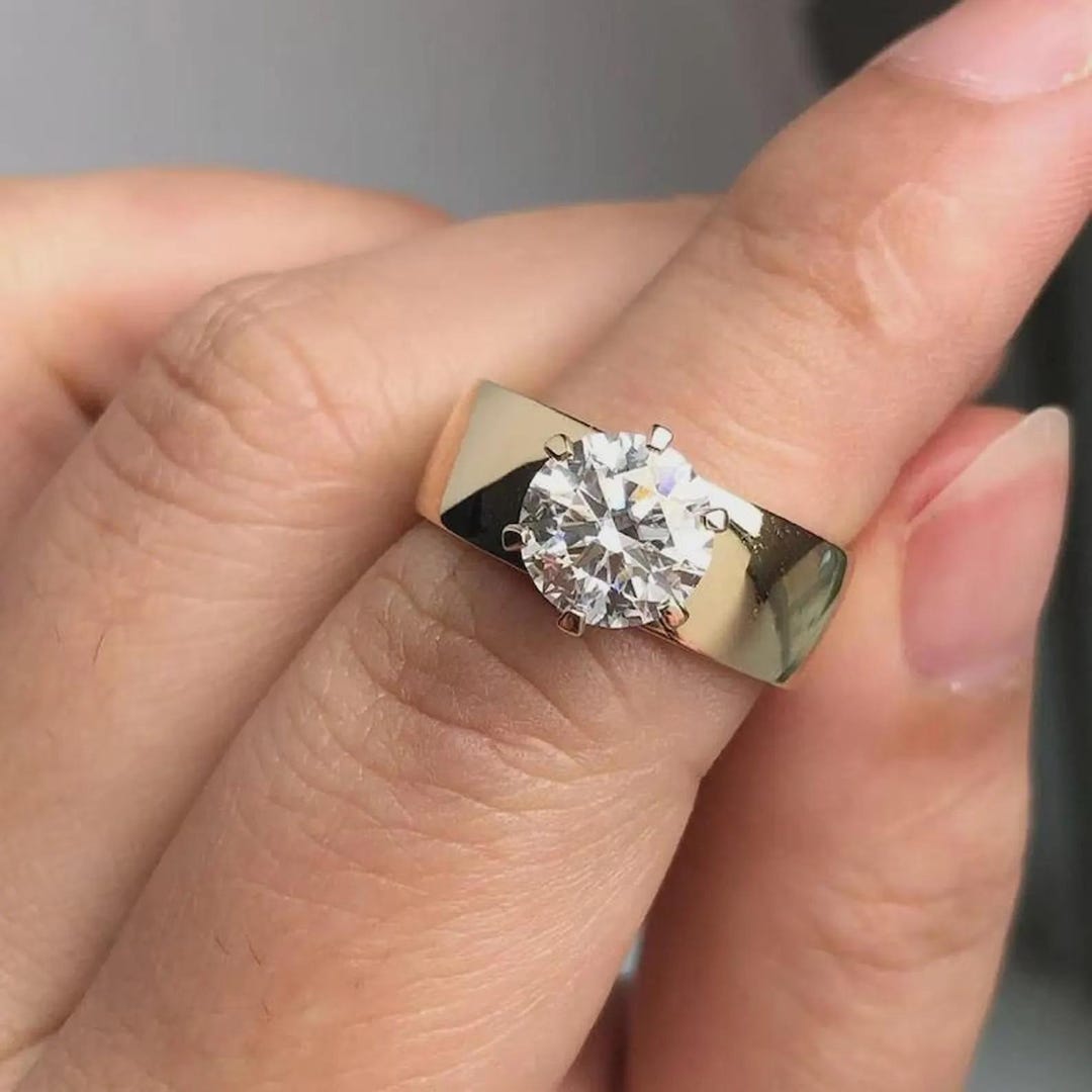 2CT Round Cut Moissanite Engagement Ring, 14K Solid Yellow Gold Wide ...