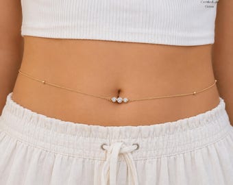 Dainty Gold Belly Chain for Women Minimalist Crystal Waist Chain 14K Gold Waist Jewelry Layered Beach Body Chain Summer Jewelry Gift for Her