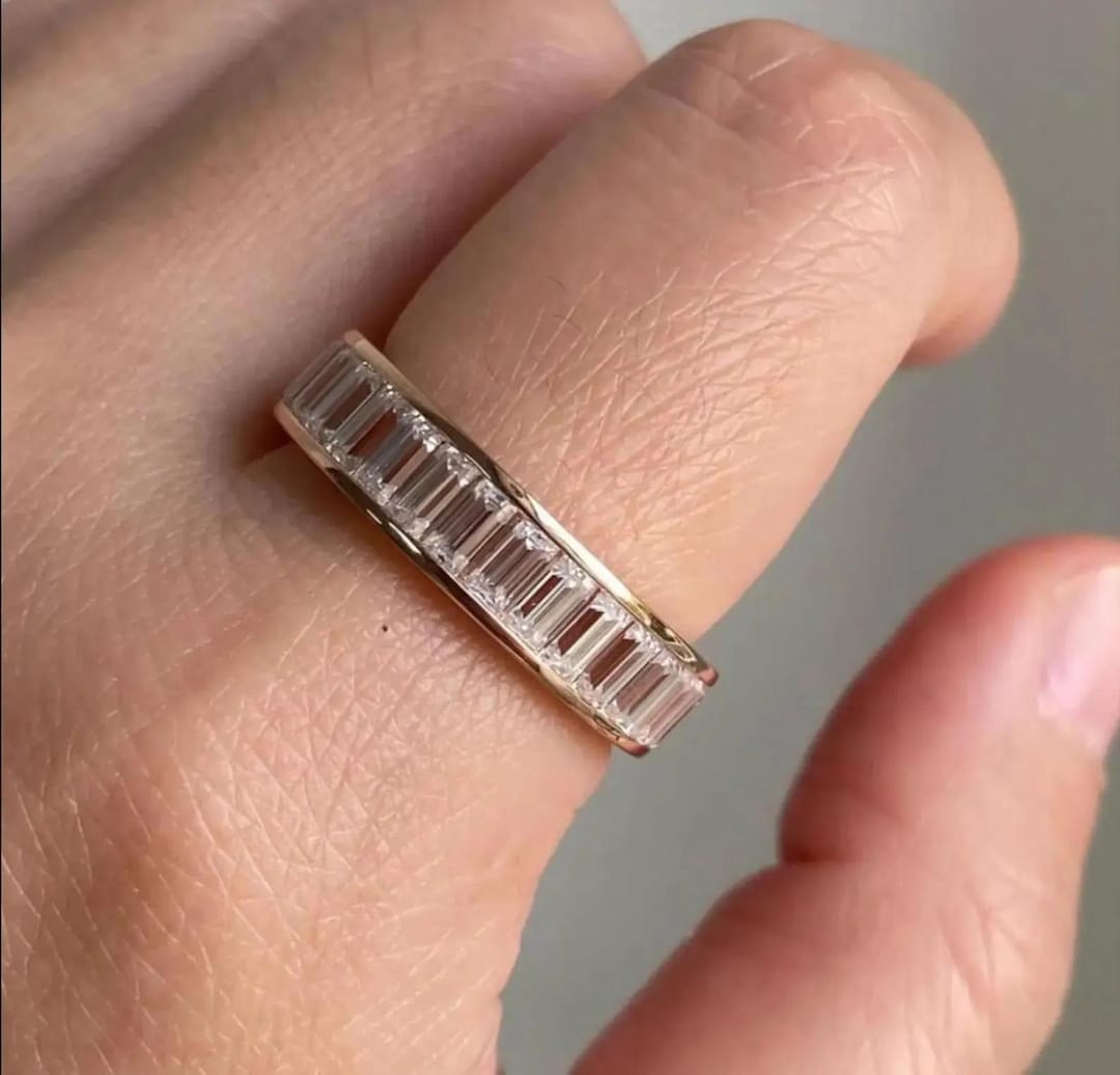 2CT Baguette Cut Moissanite Wedding Band, 14K Solid Yellow Gold Channel ...