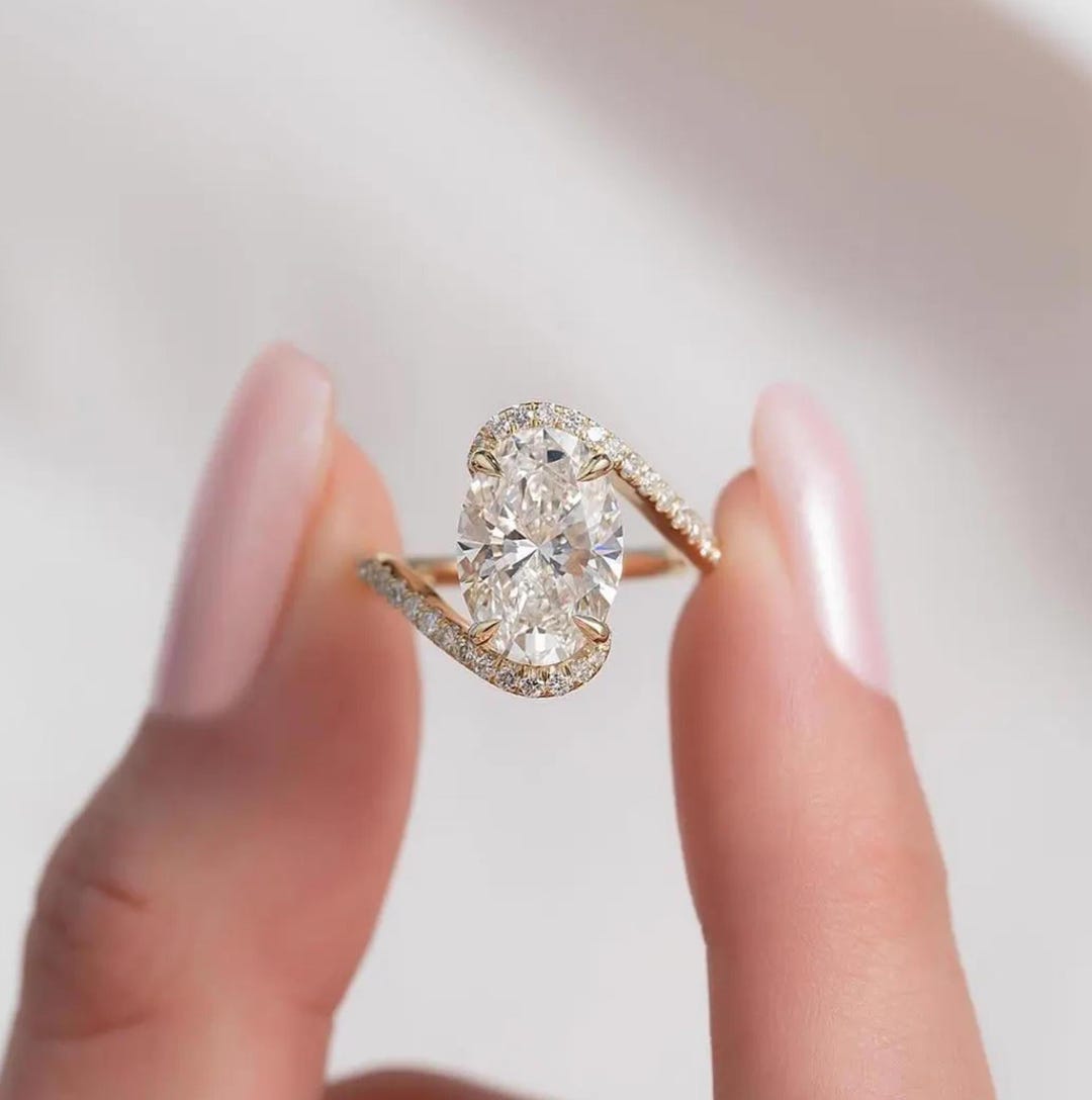 3CT Oval Cut Moissanite Engagement Ring, 14K Solid Yellow Gold Bypass ...