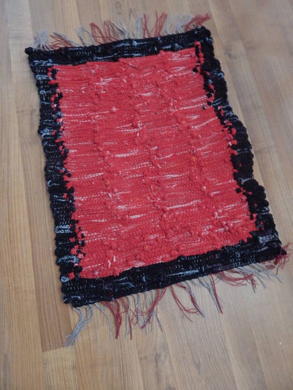 Black With Red in the Center Handwoven Sock Looper Rug Button Etsy
