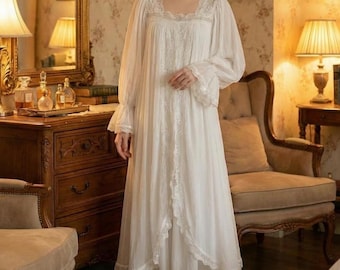 French Fairy Two Piece Lace Nightdress Square Collar Full Sleeve Long Nightie
