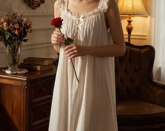 Women White Cotton Lace Sleeveless Nightdress Long Mid Calf Summer Nightgown