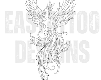 Phoenix Tattoo Design | Elegant Rising Phoenix Digital Download | Instant Flash Art Line Drawing