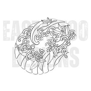May include: Black and white line art design featuring stylized waves and floral elements. The design is circular, with the text "EAST END DESIGNS" faintly visible in the background. The artwork has a tattoo-inspired aesthetic.