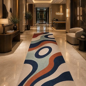 Moderner Abstrakter Teppichläufer, Handgetufteter Wollteppich, Blauer Terrakotta-Wellenteppich, Hotelteppich, Korridorteppich, Sondergröße