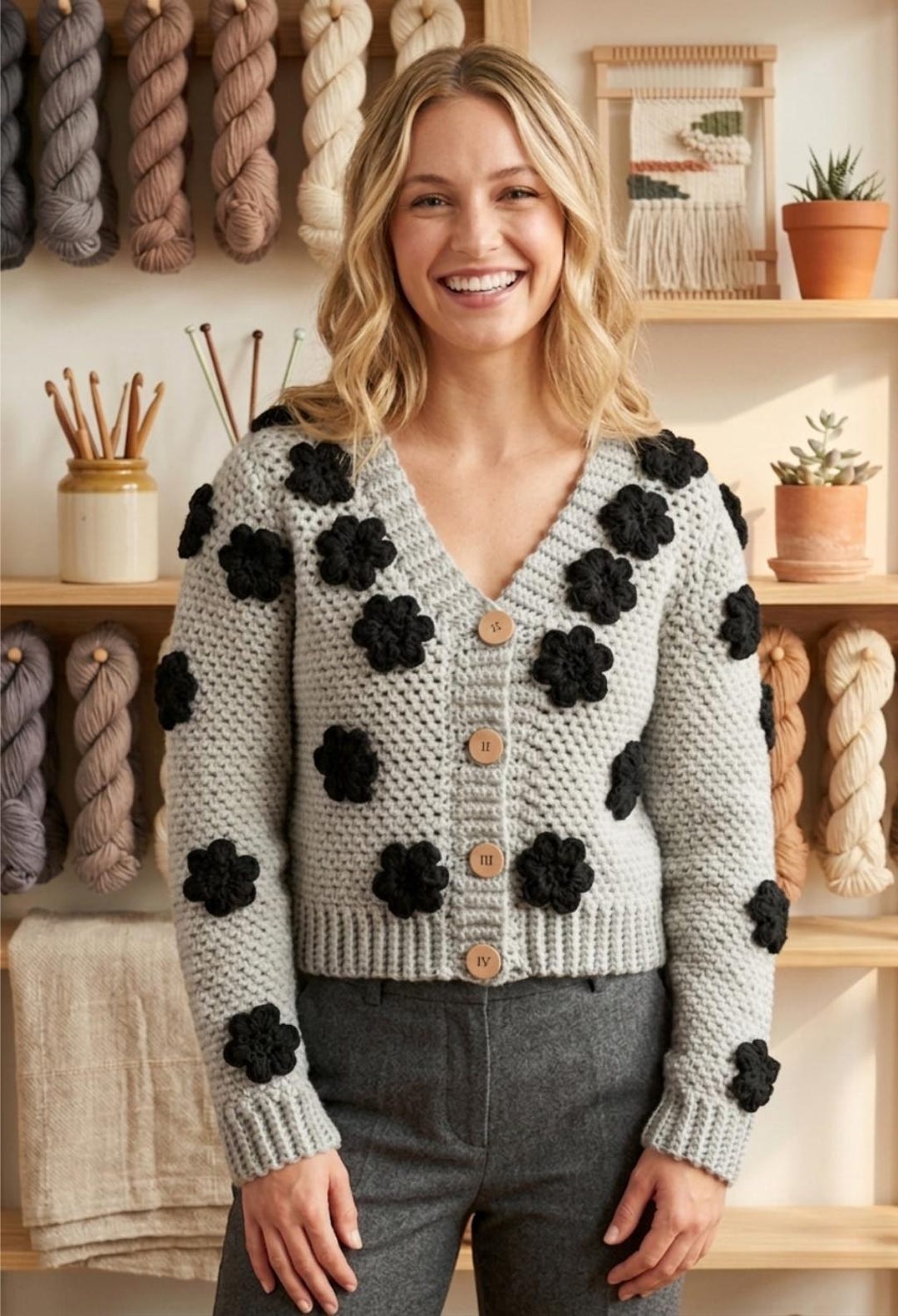 Afp Patterns Crochet Flower Cardigan Pattern | Textured Moss Stitch, 3D Appliqués ...