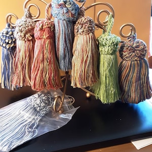 Tassels in Blue & White and Multi Colors, 5 inch tassel with 3&quot; cord, 8 inches total, Mushroom Top