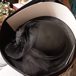 Hat, Wool Picture Hat With Feathers, Wide Brim, Tulle Train, and Bag for Storage, Hats in the Belfrey bag