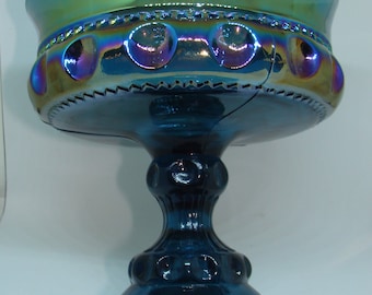 Indiana Glass Carnival Comport, Blue Glass Comport, Blue King&#39;s Crown Or Blue Thumbprint