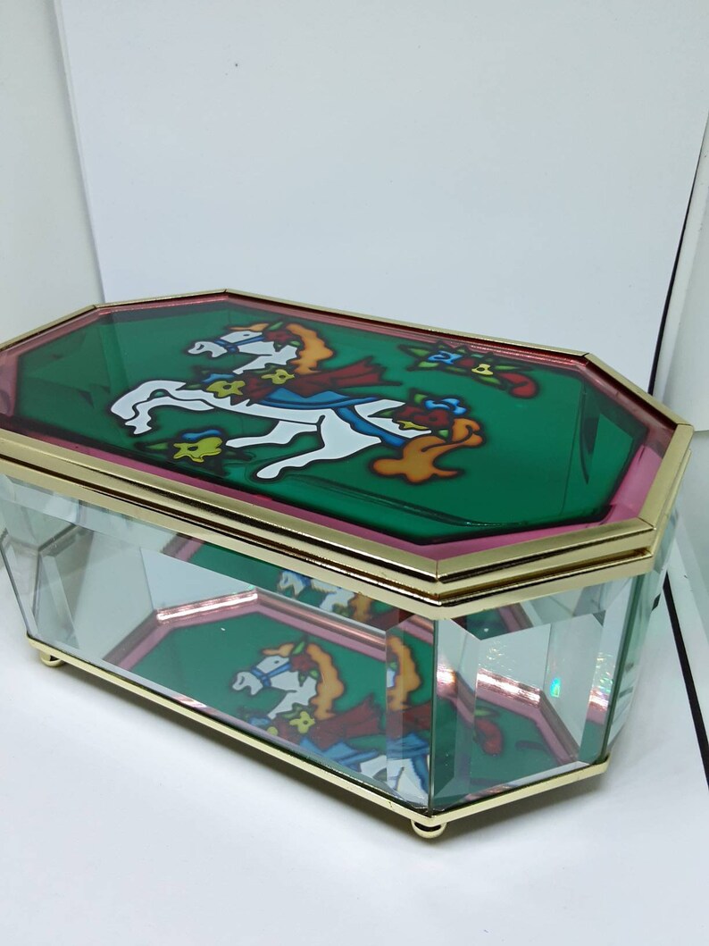 Carousel Horse or Roses Glass Jewelry Box Hinged Lid