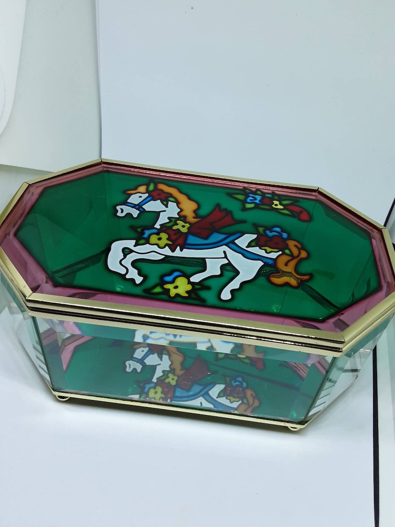Carousel Horse or Roses Glass Jewelry Box Hinged Lid