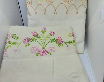 Standard Pillowcases, Hand Embroidered,  Choice of  4  Patterns, Two in Each Set