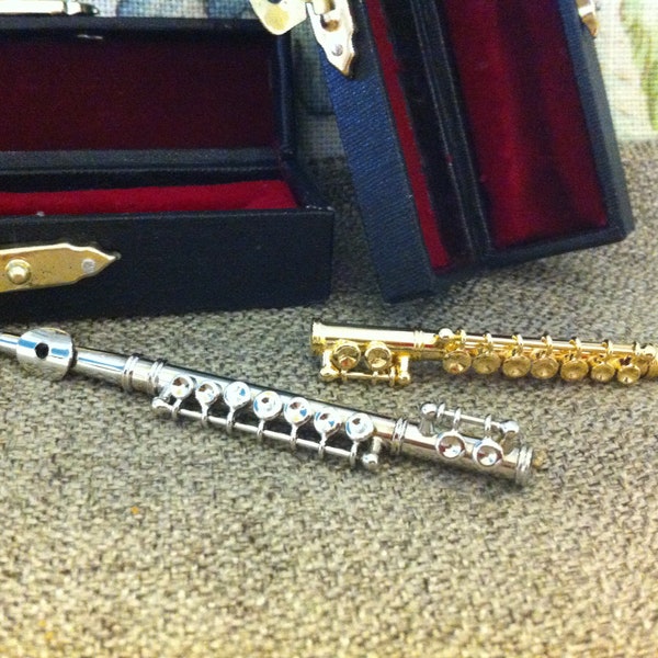 Miniature Flute in Case, Choose Gold Plated or Silver Plated 3 or 6 inch instrument In Black Case with Red Velvet Lining