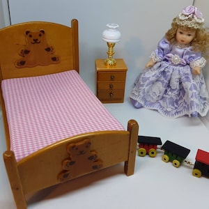 Child&#39;s Bedroom for Dollhouse, Optional Doll, Train, Lamp, Bed & Nightstand