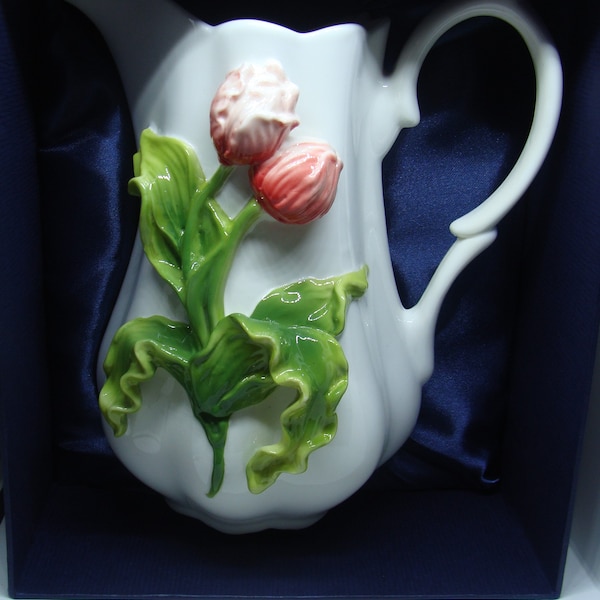 Tulip Pitcher In Raised Relief Porcelain, 8 inch Pitcher,  Custom Gift box Included and Shown in First Photo