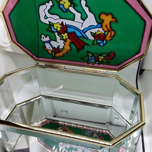 Carousel Glass Jewelry Box, Hinged Lid, Heavyweight, 7 inches Long, 4 inches wide, Mirrored Bottom