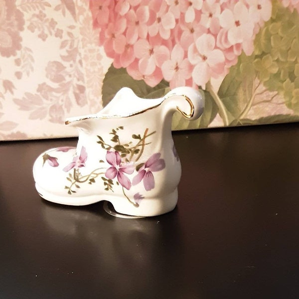 Boot, Bone China Boot With Violets, Beautiful, Delicate, 3 inches Long, Open & Casual  Design
