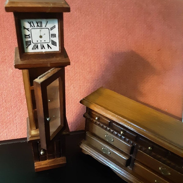 Dollhouse Furniture, a Chest And Clock One inch Equals One Foot Scale, Sold Together