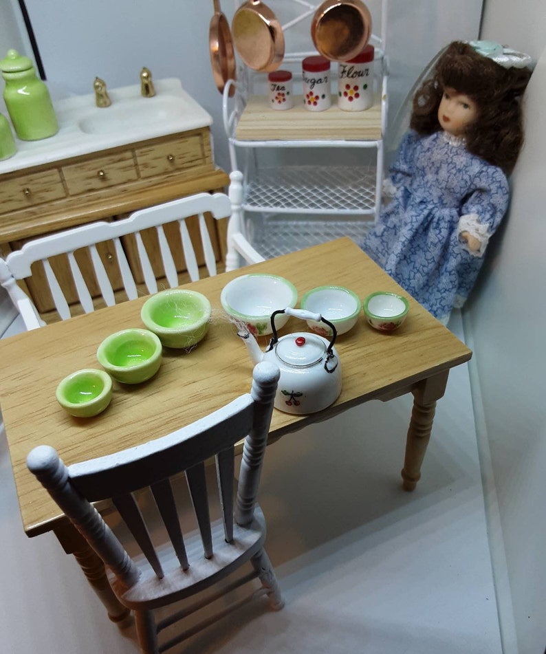 Dollhouse Kitchen Table in Oak Bench & Chairs White to Etsy