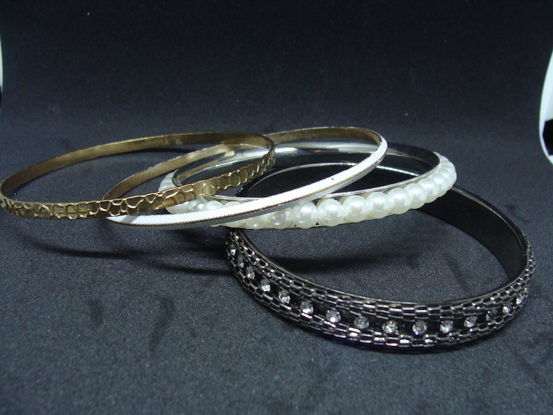 Pearl Beads on Silver Frame Large Bangles Black Bangle With Rhinstones 4 in the Lot