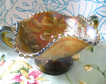 Northwood Fruits & Flowers on Green Glass, Stemmed Two Handled Dish, Basketweave Exterior,Carnival Glass