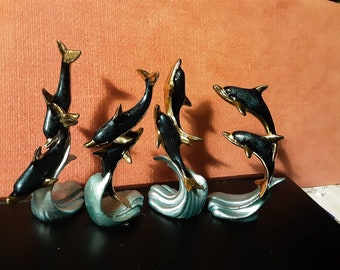 Dolphins, Flashy Gold on Blue Pewter Figures, 4 inch, Double Dolphin Figures