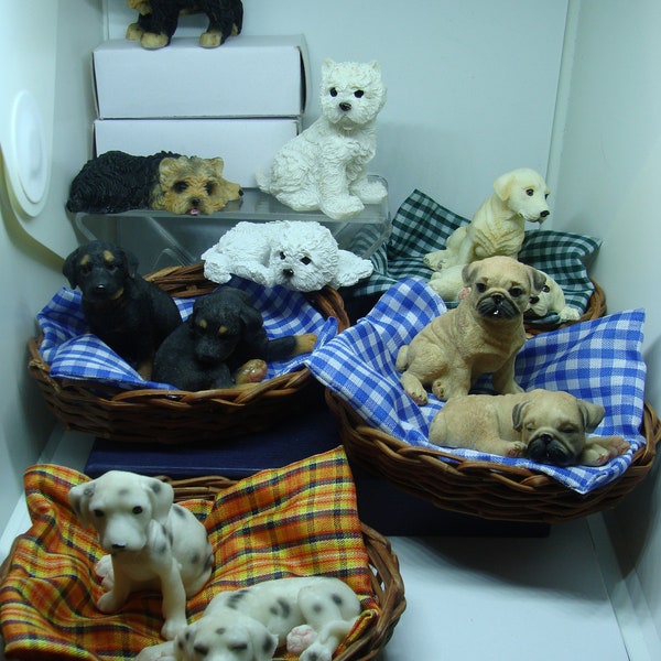 Puppy Pals in a Basket, Resin Doggies, Blanket & Basket Included