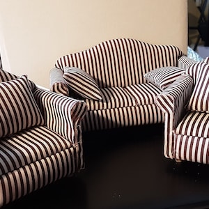 Dollhouse Sofa Set in Brown & White Stripes, Pieces Sold Separately, 2 Chairs, A Sofa, and Table