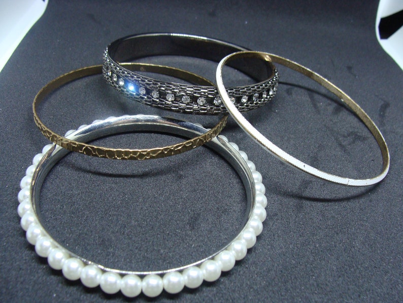 Pearl Beads on Silver Frame Large Bangles Black Bangle With Rhinstones 4 in the Lot