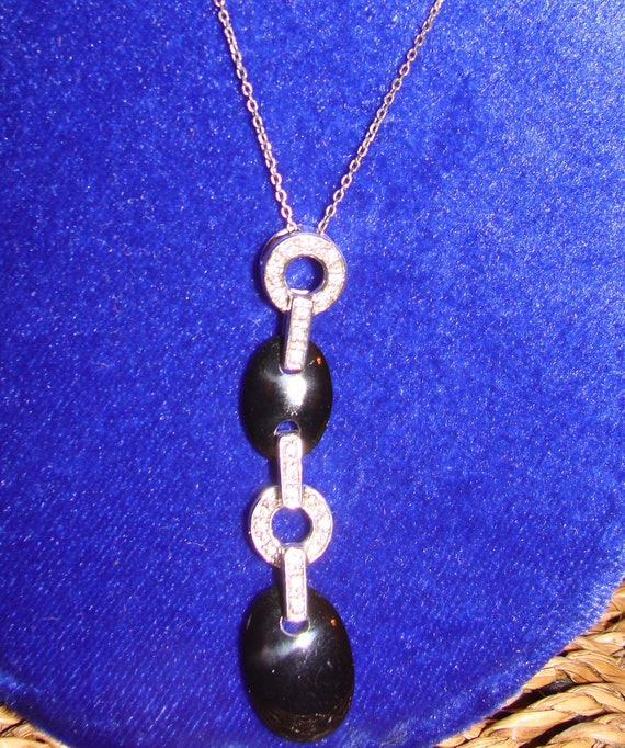 Sterling Silver Drop Necklace, Onyx With White CZ'
