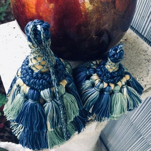 Tassels Made in Italy, Cotton Tassels, in Shades of Blue, Teal, Creamy Yellow